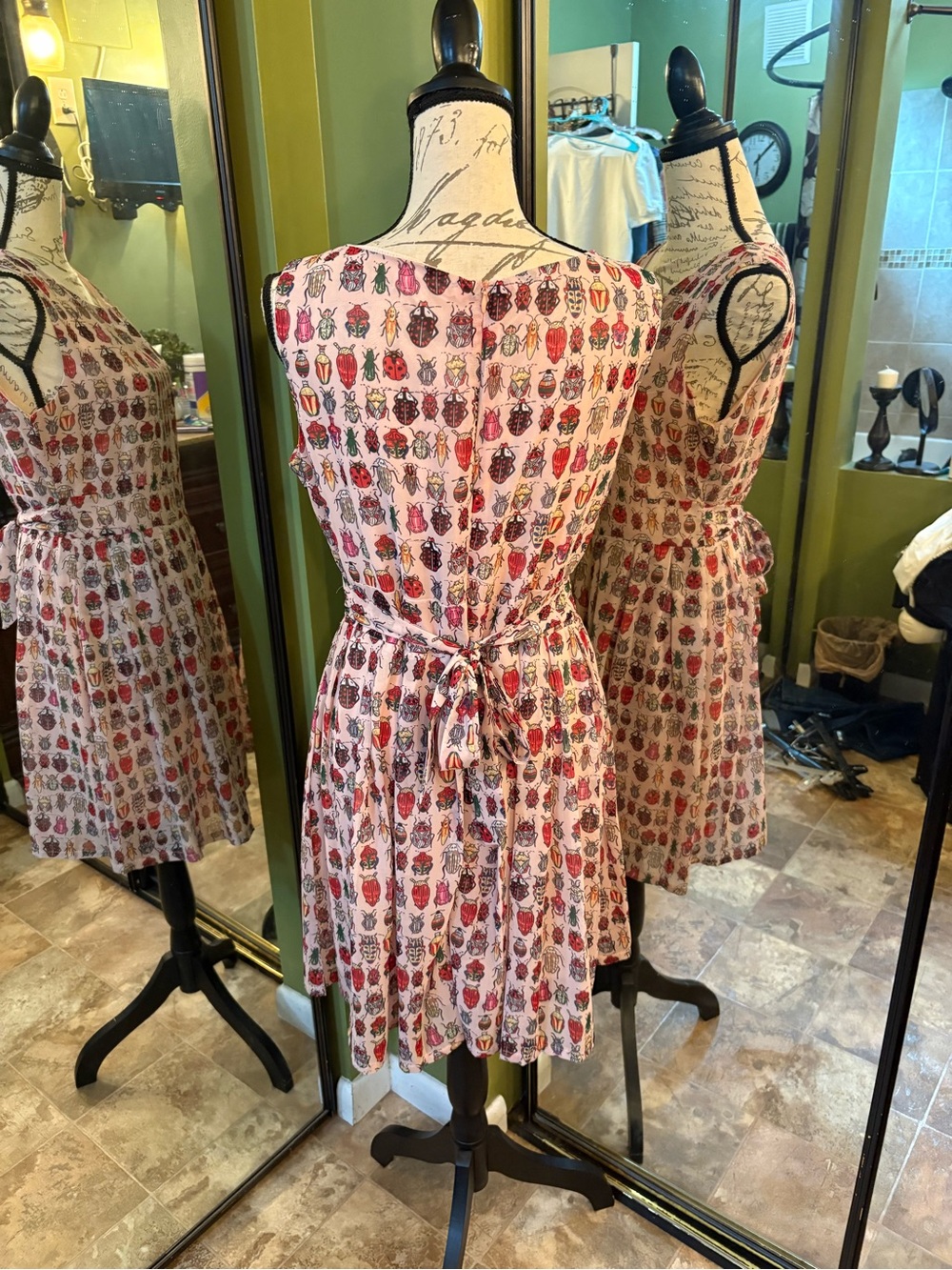 Sleeveless Pink Beetle-Print Fit & Flare Mini Dress - Picture 2 of 4